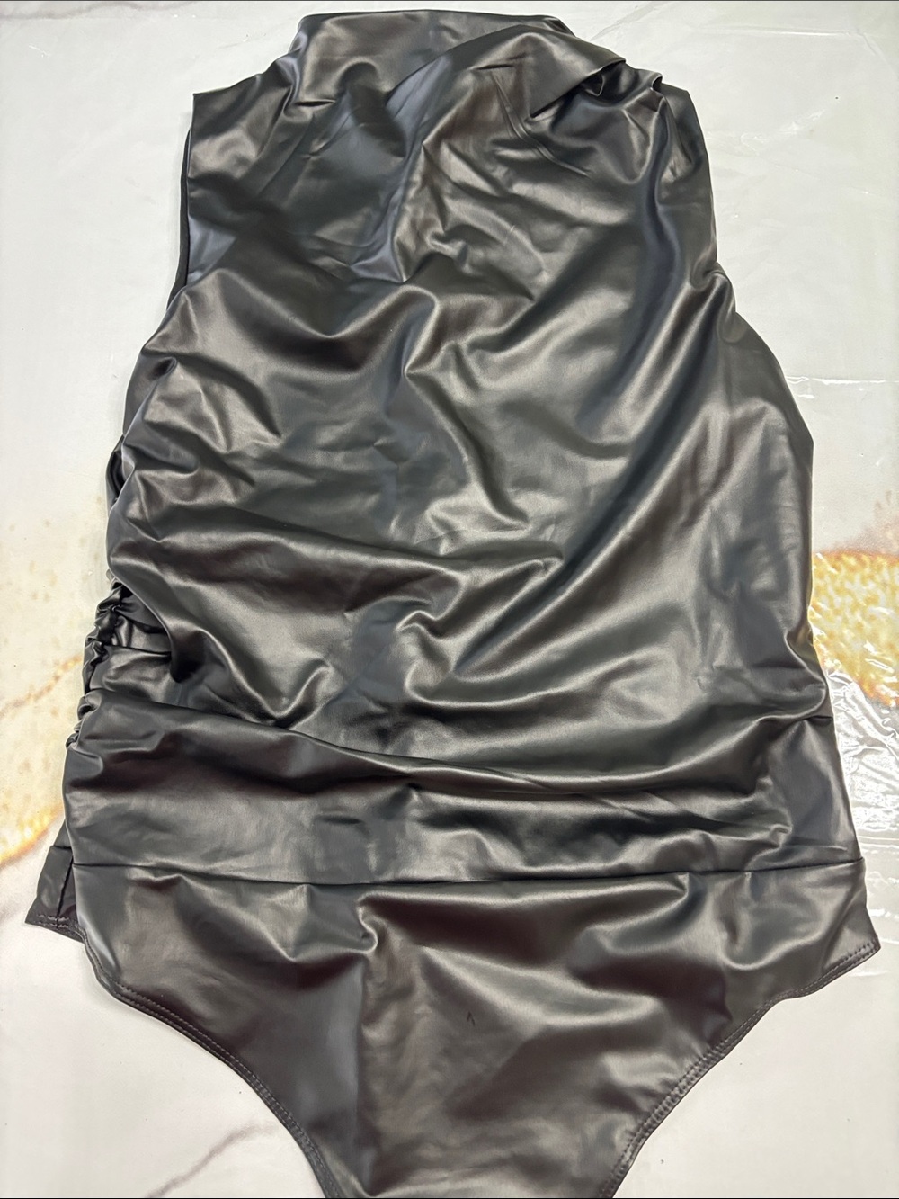 Fashion Nova Black Faux Leather One-Piece Bodysuit
